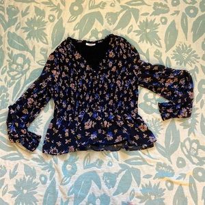 Sz XL Extra Large Bar III Ruched Long Sleeve Blouse Black Blue Pink Pattern Boho